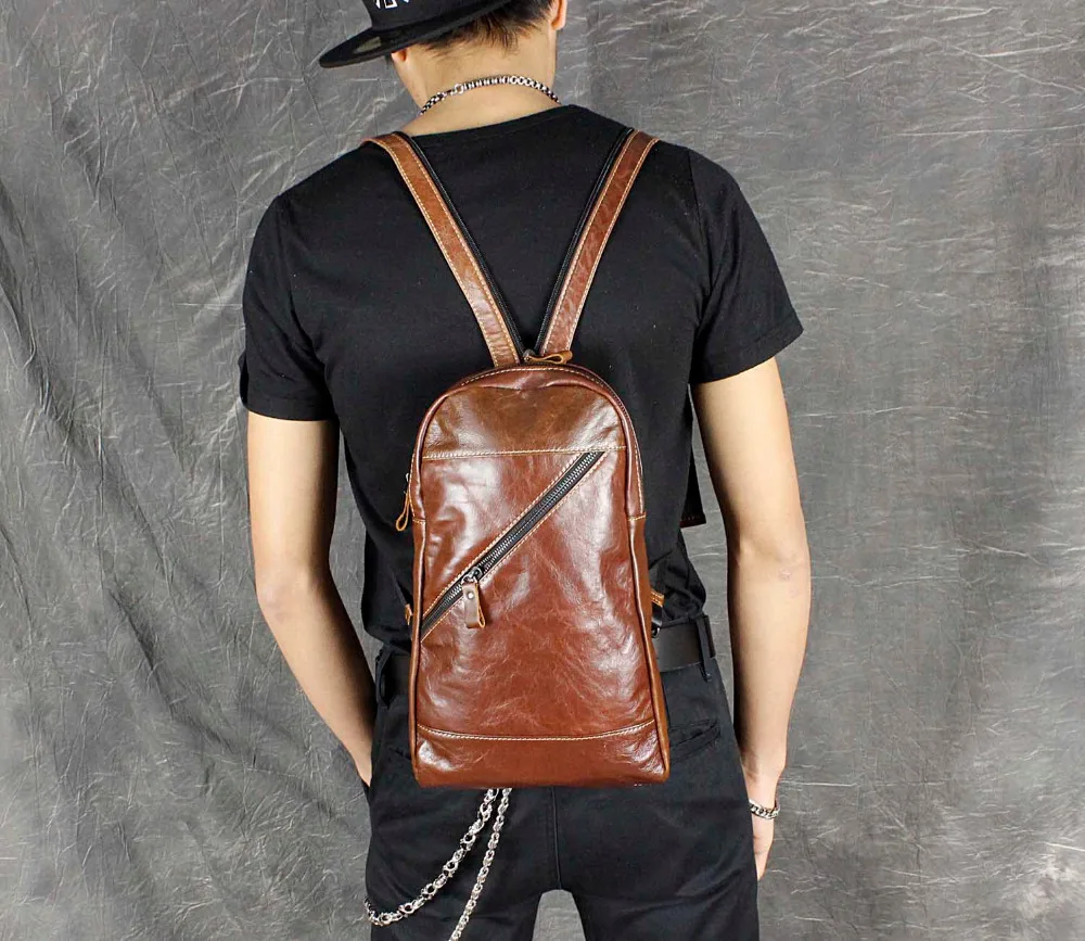 Мужской рюкзак из натуральной кожи для путешествий модная коричневая нагрудная