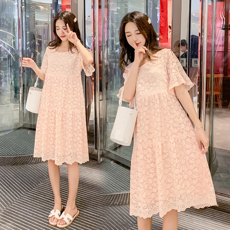 

Summer Elegant Maternity Dress Loose Floral Lace O-Neck Ruffle Sleeve Breast-feeding Pregnant Dress Party Wedding Women Clothes