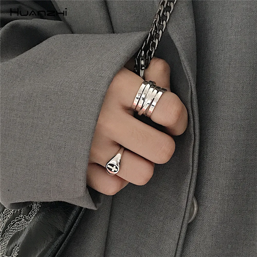HUANZHI Multilayer Personality Gold Silver Color Metal Open Rings Minimalist Design Finger Rings for Women Girls Party Jewelry