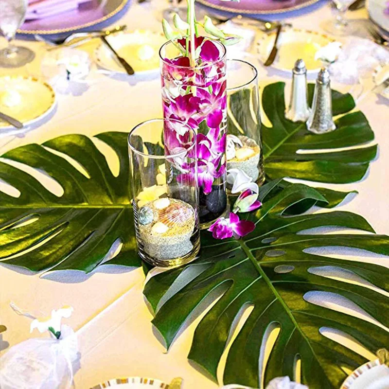 12pcs/Lot Fabric Artificial Palm Leaves Tropical Hawaiian Luau Party Jungle Beach Theme Party Table Decoration Accessories Decor
