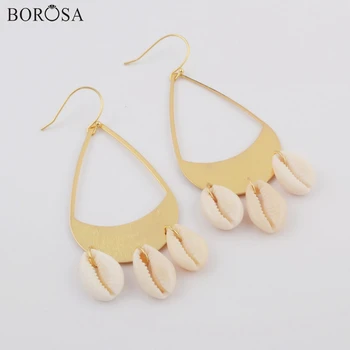 

BOROSA 5/10Pairs Gold Plated Teardrop Three Natural Cowrie Shell Dangle Earrings Handmade Natural Shell Jewelry G1785