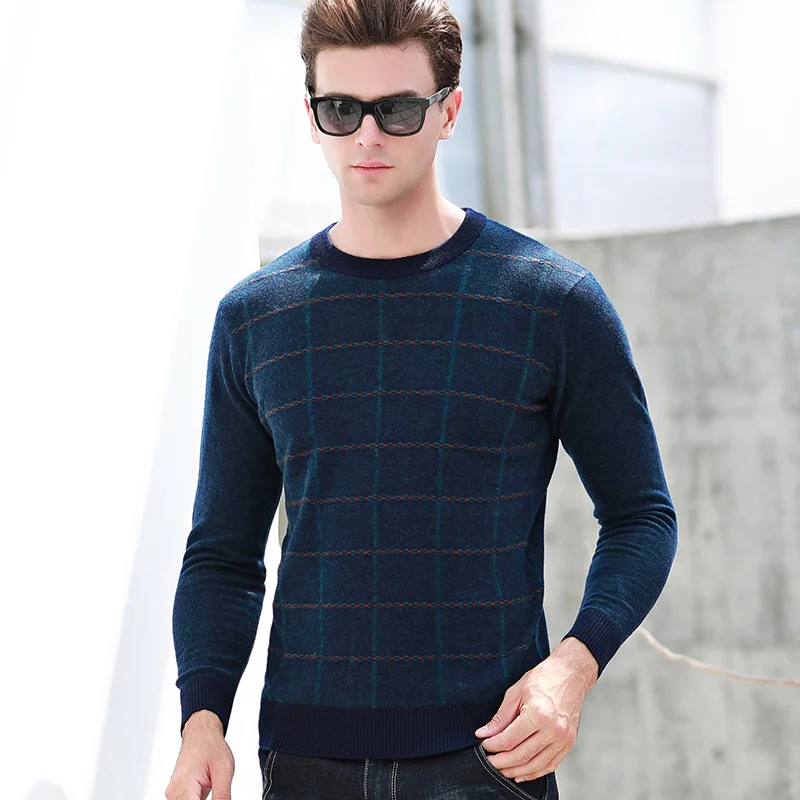 Casual Winter Warm Wool Men's O-neck Plaid Sweater Men Smart Casual Pullover High Quality Men's Knitted Sweaters