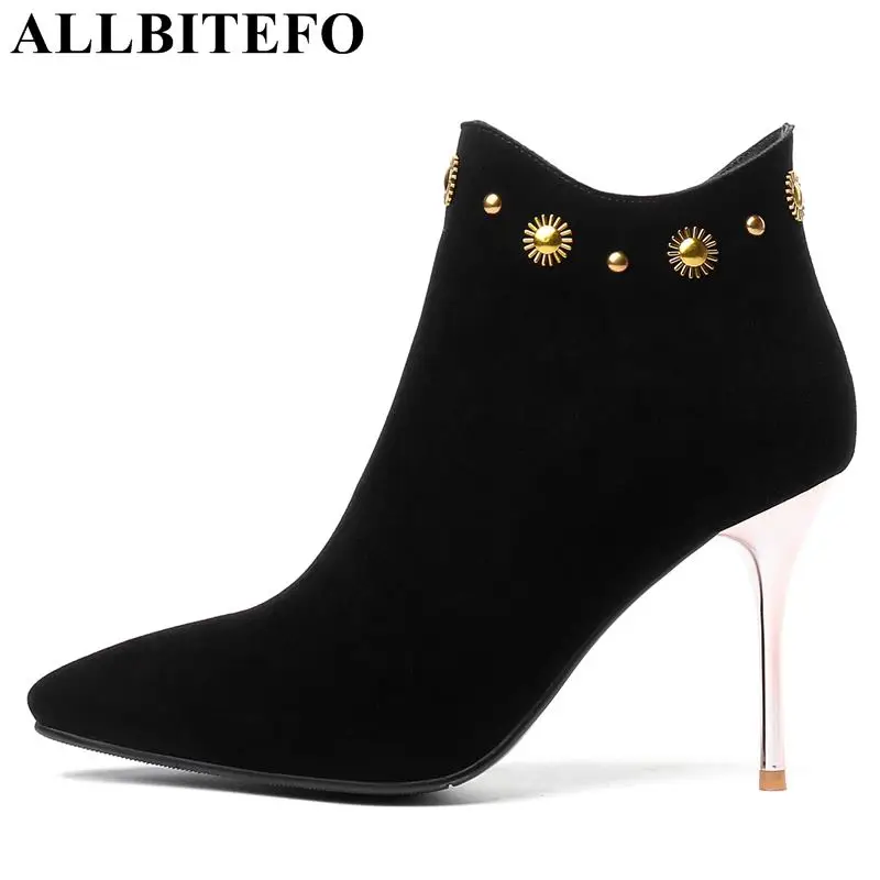 

ALLBITEFO size:33-43 Nubuck leather high heels ankle boots women high-heeled shoes ladies boots girls shoes winter snow boots