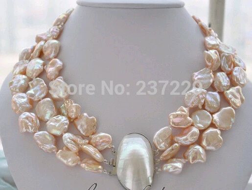 

HOT## Wholesale price ^^^3strands 13mm BAROQUE pink KESHI REBORN PEARL NECKLACE mabe clasp