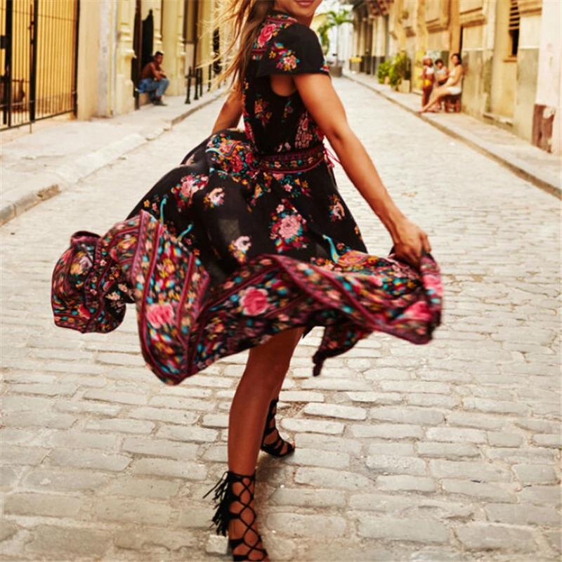 Женское модное летнее шифоновое платье в стиле бохо с глубоким v-образным вырезом, винтажное платье с цветочным принтом и оборками, платье длиной до щиколотки с высокой талией