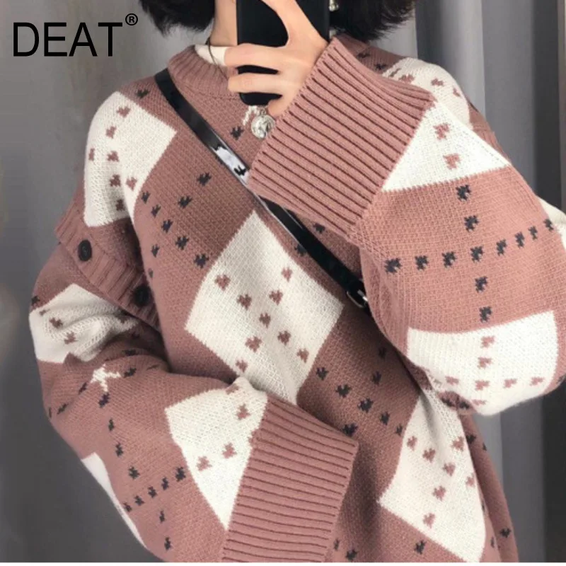 

DEAT Autumn Winter New Long-sleeved Round Neck Solid Color Fashion Trend Women Loose Splicing square Sweater WI257