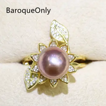 

BaroqueOnly 9-10mm Edison Pearl Ring Zircon Inlaid 925 Rings Fashion Jewelry Half-baroque Natural Color Freshwater Pearl RJ