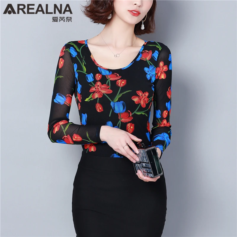 

Flowers Print Elastic Slim Women's Blouses Sheer Tops 2019 Korean New Fashion Long Sleeve Mesh Blouse Women Vintage Floral Shirt