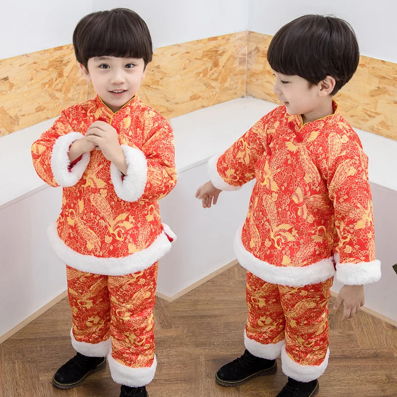 

1-7 years s Chinese traditional New Year clothing kids clothes sets Thick Spring Festival Tang suit Embroidered phoenix