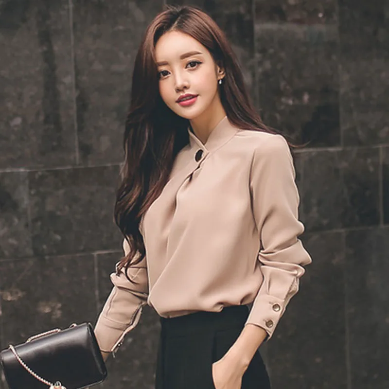  Women Solid Long Sleeve Tops and Shirts Elegant Slim Blouses Shirt Round Neck Soft Blusa femme 2018