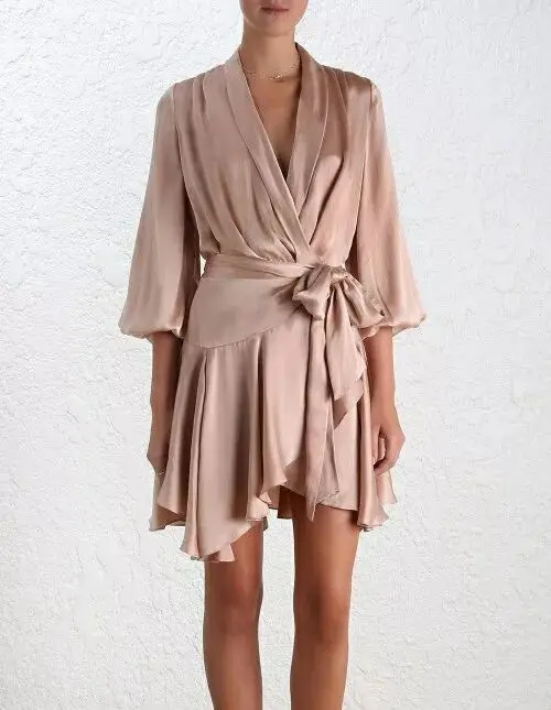

Early Spring New Fashion V-tie Slender and Irregular Dress 2019 Puff Sleeve Sashes Three Quarter A-Line Black Dress Women