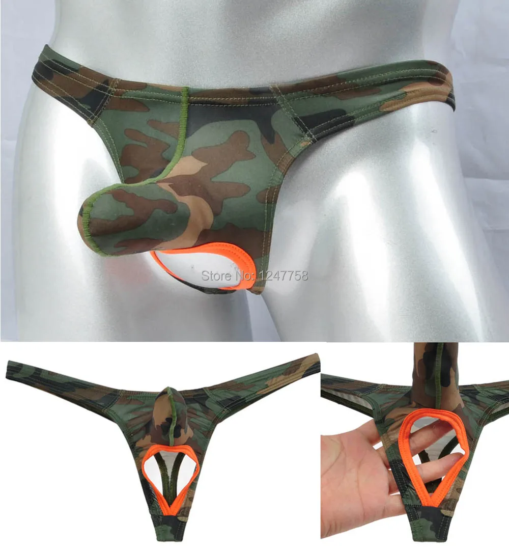 

Men's Long Pouch Thong Camouflage Underwear Nuts Out String T-back Bikini Pants Ball Hole Tanga