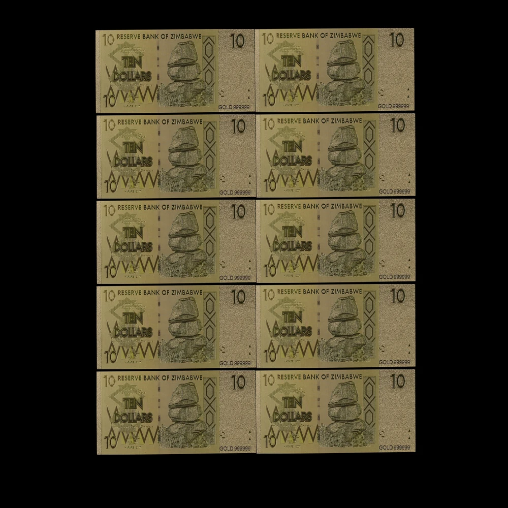 10pcs 24k Gold Banknote Zimbabwe 10 Dollar Bills with 1 Certificate Fake Money for Pub Club Home Decor | Дом и сад
