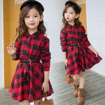 

2018 Autumn Girls Long Sleeve Dress Children Plaid Turn Down Collar Dress with Sashes Teenager Casual Dress For Girls 4-12T