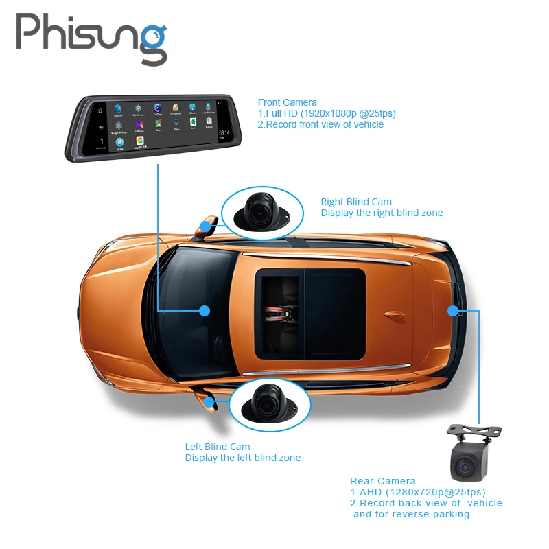 Phisung V9 Plus 4CH камера s объектив 10 &quotAndroid Navi Автомобильная с gps зеркалом заднего вида