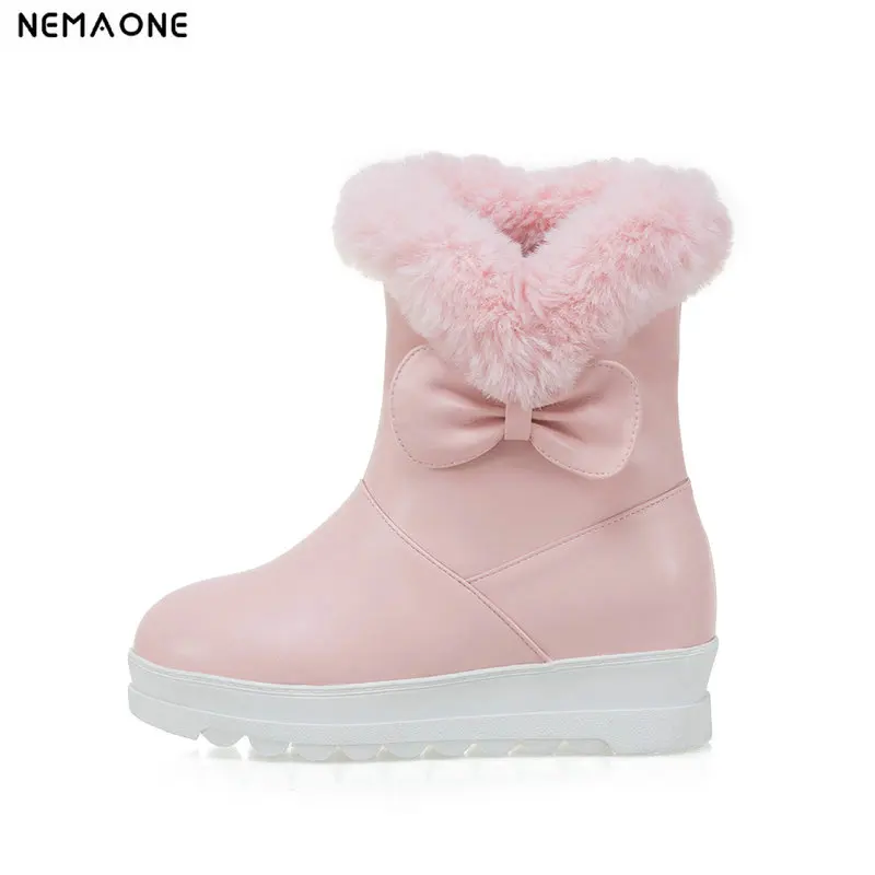 

NEMAONE girl's winter warm snow boots woman wedges med heels ankle boots sweet platform casual shoes woman black white pink