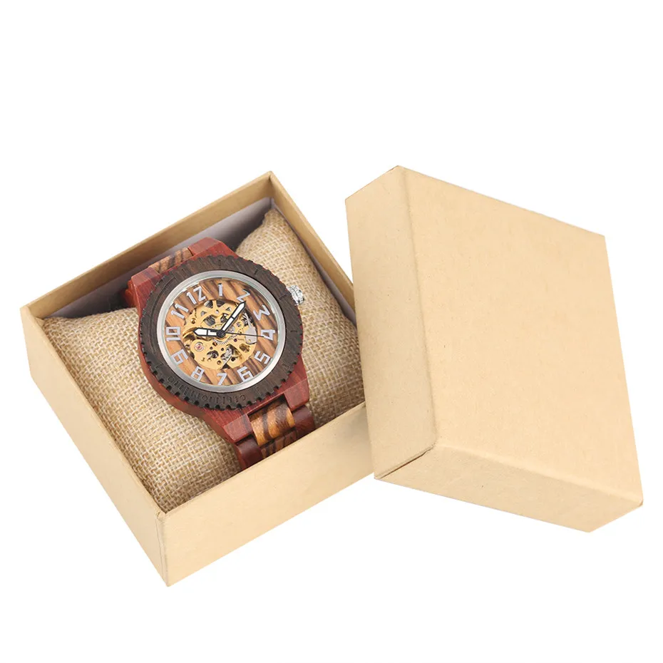 Автоматический деревянный часы Для мужчин, мужские часы класса люкс деревянный браслет ремешок арабскими цифрами Дисплей с автоподзаводом мужские механические часы - Цвет: red with box