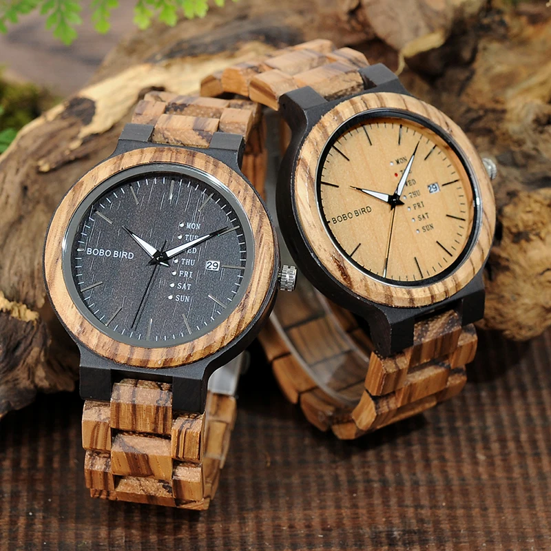 BOBO BIRD WO26 Zebra Wood Watch for Men with Week Display Date Quartz Watches Classic Two-tone Wooden Drop Shipping