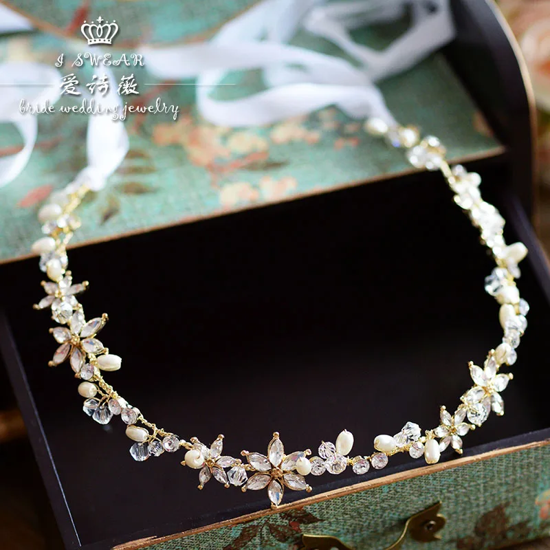

Korean Golden Pearl crystal headband bride wedding headdress with hairband wedding hair accessories