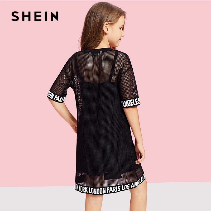 SHEIN/повседневное платье для девочек с надписями и сетчатым подолом; Одежда для девочек; весна г.; корейские прямые Детские платья с коротким рукавом для девочек