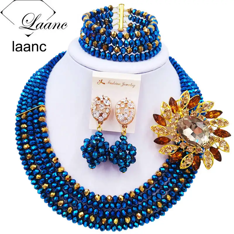 

Laanc Latest Blue Plated and Golden Nigerian Wedding African Beads Jewelry Set for Women C5RST028