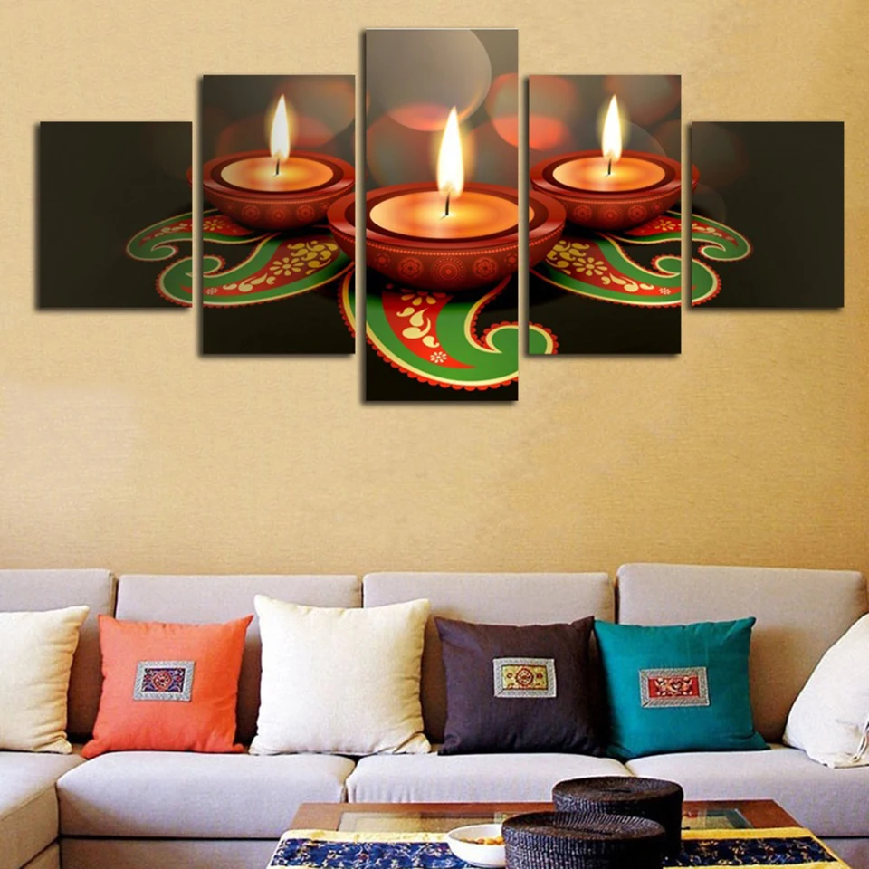 Us 5 63 40 Off Frame Painting Living Room Decoration Modular Pictures 5 Piece Animated Clay Lamps Diwali Wall Art Home Decor Poster Canvas In