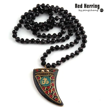 

Free Shipping Fashion Black Long Crystal Glass Knotted OM Ox Horn Necklaces For Yoga Jewelry