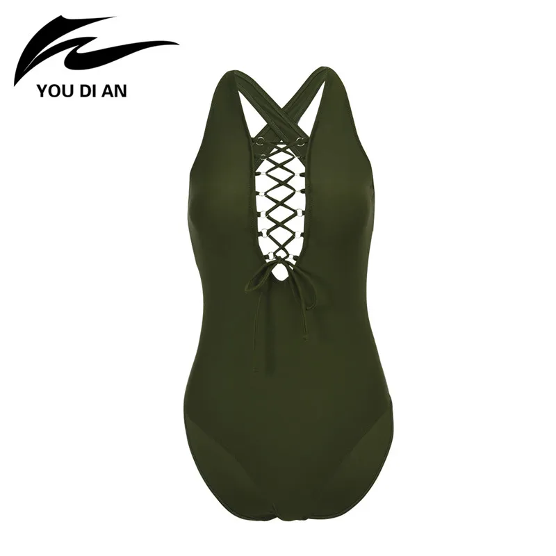 Summer Sexy Backless Padded Women Beach Bodysuits High Cut One Piece Swimsuit Army Green Maillot