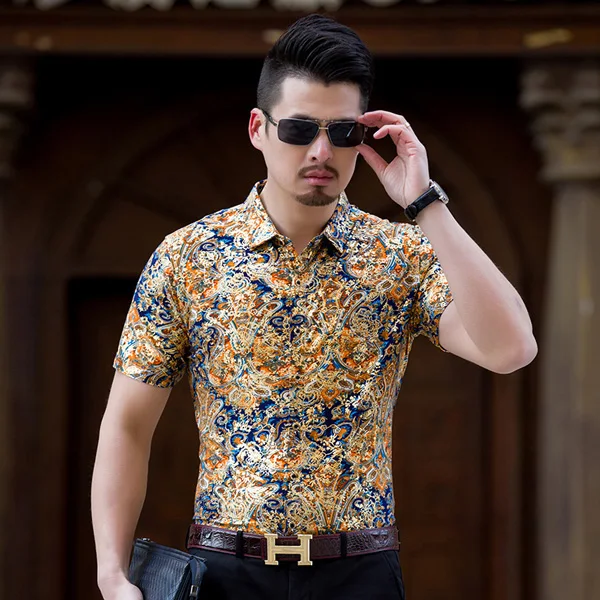 Новая брендовая бархатная Мужская рубашка золотого цвета с коротким рукавом и цветочным принтом, мужские нарядные рубашки Chemise Homme Marque Fancy Flower Camisa Hombre - Цвет: Orange