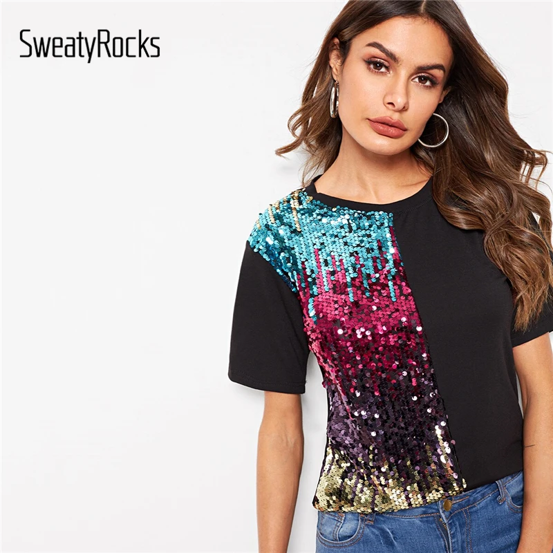 

SweatyRocks Contrast Sequin Tee for Women 2019 Summer Fashion Streetwear Colorblock T-shirts Casual Female Short Sleeve Tops