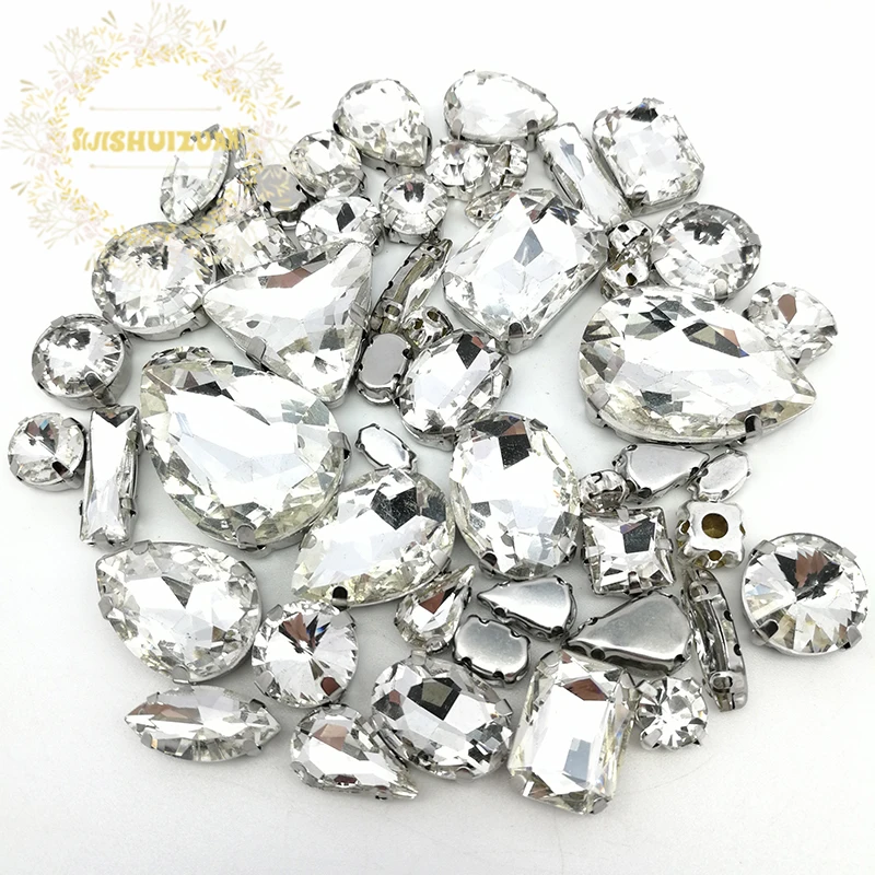 

Popular! MIX White Size Crystal Glass Sew-on Rhinestones Silver Bottom DIY Women's Dresses and shoes 52pcs 23sizes 10shapes