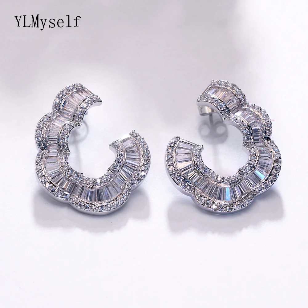 Luxury Curve Shape Jewelry Big Stud Earrings Trendy White/Gold-Color Shiny CZ Crystal Large earrings for Women