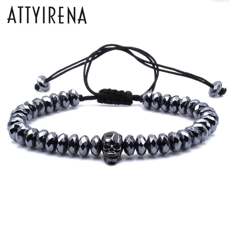 

Brading Macrame Rhombus Cut Hematite Beads Bracelets Zircons Skull European American Weaving Mens Bracelets Punk Hiphop Jewelry