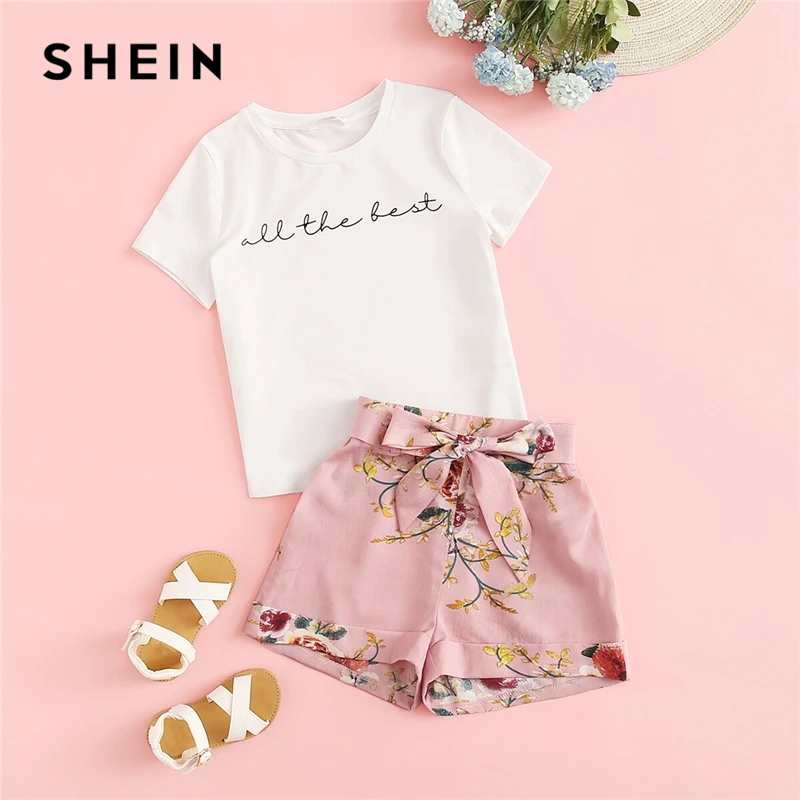

SHEIN Kiddie Girls Letter Print Tee And Rolled Hem Belted Shorts Boho Set Kids 2019 Summer Holiday Short Sleeve Two Piece Sets