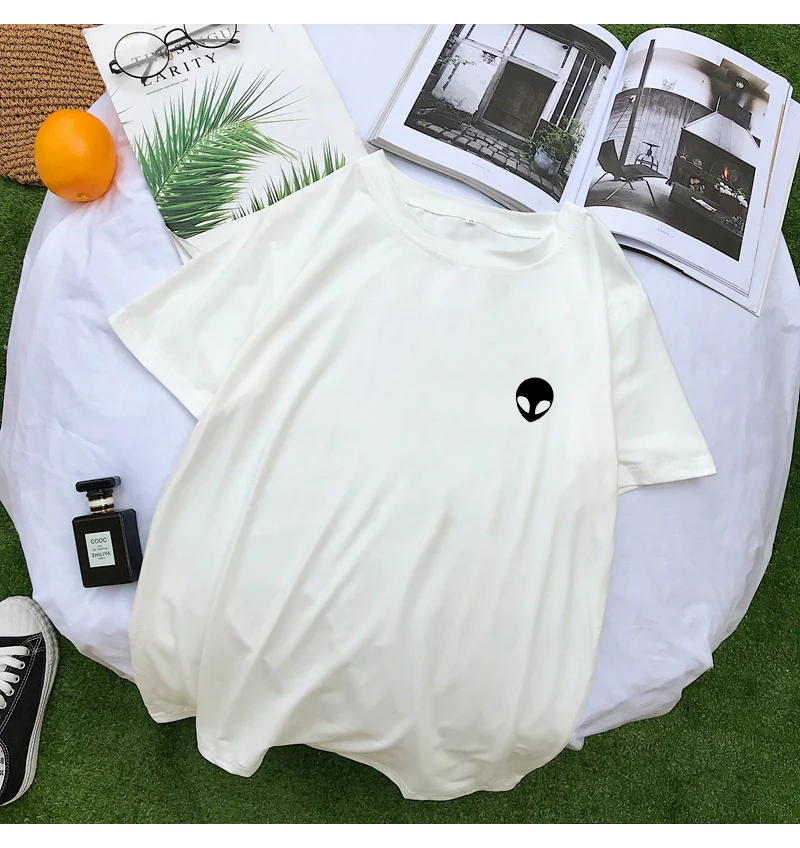 New Summer Tumblr Fashion Tshirt Women Cotton O-neck Short Sleeve Tops Harajuku Casual Kawaii Cartoon Alien Print Korean Clothes (7)