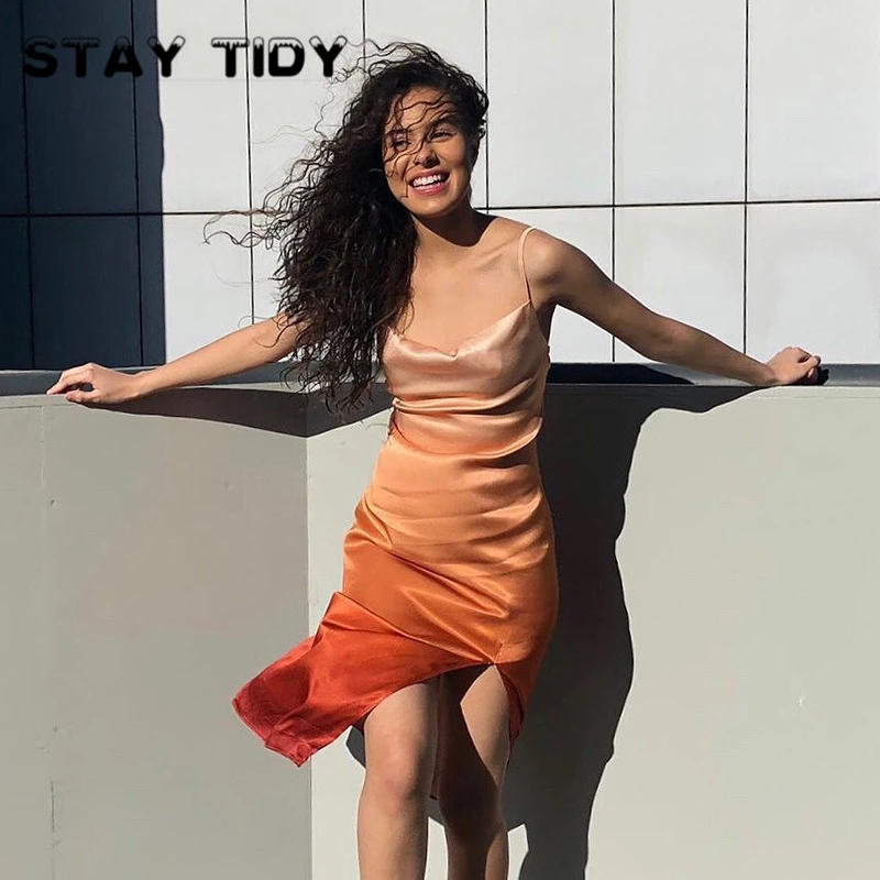 

STAY TIDY Adjustable Strap Gradient Side Split Dress 2019 Summer Women Backless Lace Up Hollow Out Stain Sexy Party Midi Dress