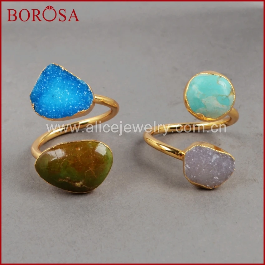 BOROSA 5 шт Druzy драгоценные камни Кольцо золотой цвет 100% натуральный синий камень и