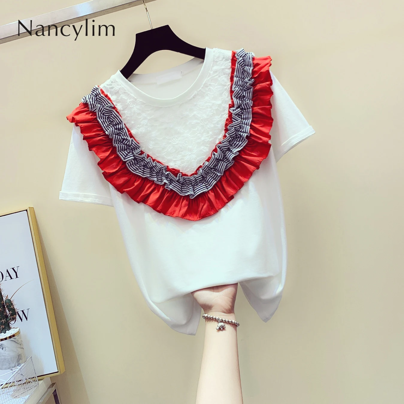 

Summer Fashion T Shirt Women's New Korean Tide Lace Stitching White T-shirt Short Sleeve Tee Ladies Loose Summer Jacket Tops