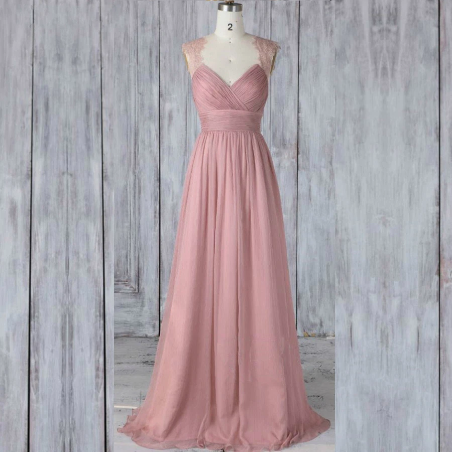 

Pink Long Bridesmaid Dress Lace Strap V Back Chiffon A line Wedding Ceremony Dress 2019 Formal Dresses For Wedding Party