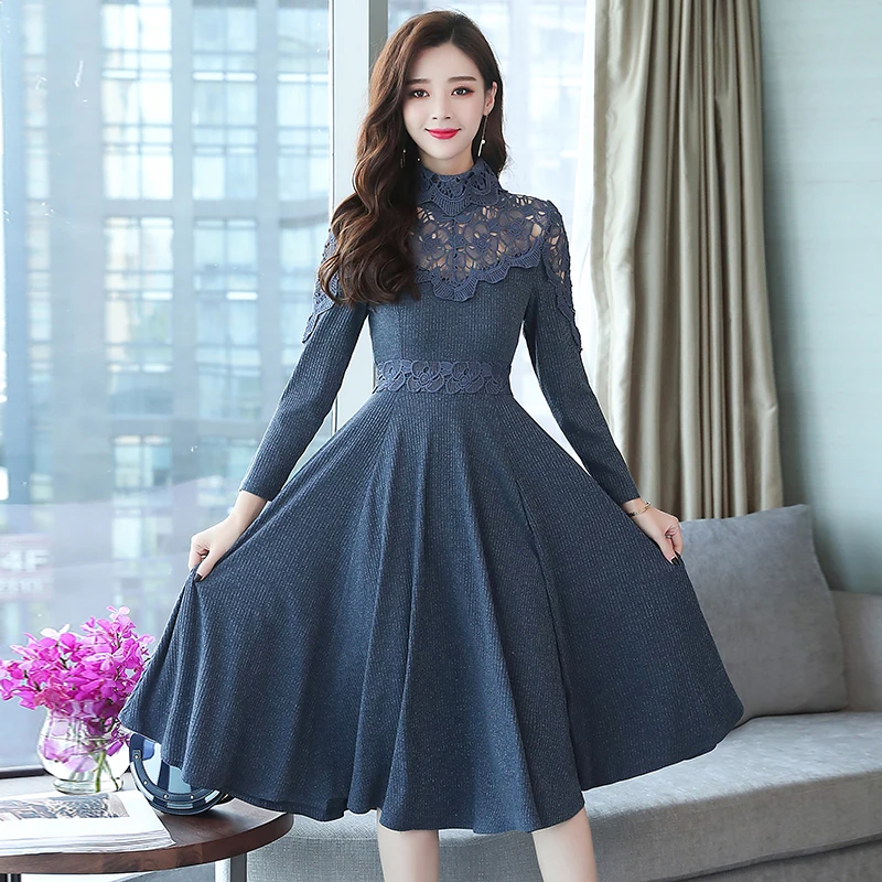 

New Arrivals 2019 Winter dress Fashion long sleeve Hollow out Knitted dress Elegant Slim Turtleneck women dress vestidos