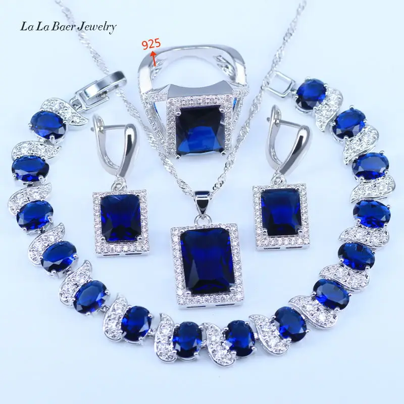 L& B кубический цирконий квадратные серьги из синего камня ожерелье кольцо 925 логотип Серебряный цвет Ювелирные наборы для женщин лучший рождественский подарок - Окраска металла: Four Piece
