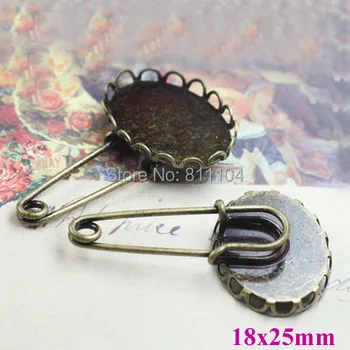

18x25mm Antique Bronze Plated Blank Oval Hollow Lace Bezel tray Cabochon Brooches Bases Pin Clip Settings Findings 40pcs/lot