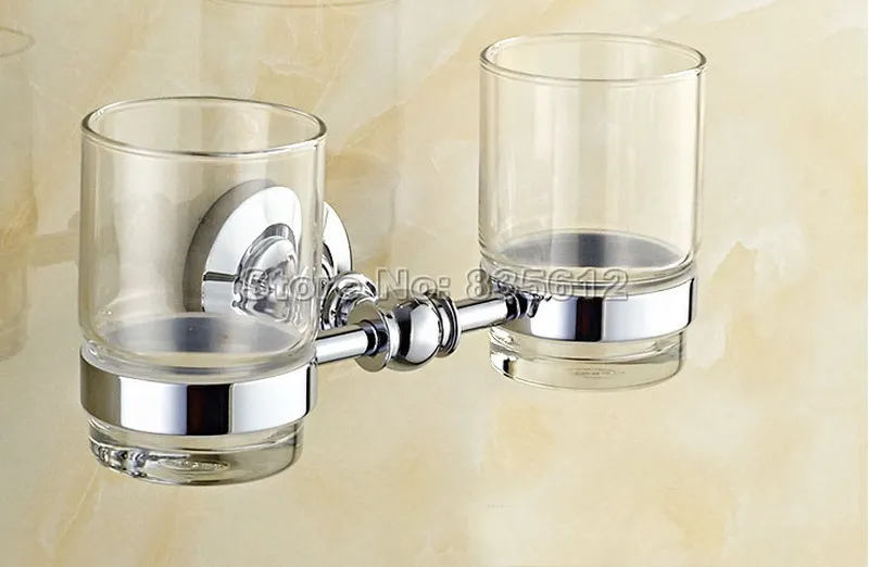 

Bathroom Polished Chrome Brass Toothbrush Holder + Two Glass Cup Wall Mounted tba807