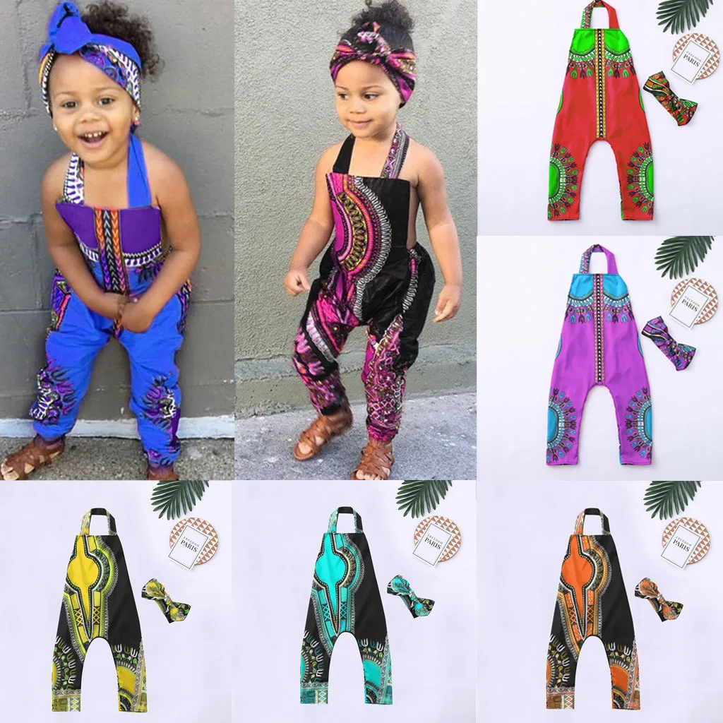 Toddler Kid Baby Girl African Print Sleeveless Romper Hair Band Jumpsuit Clothes