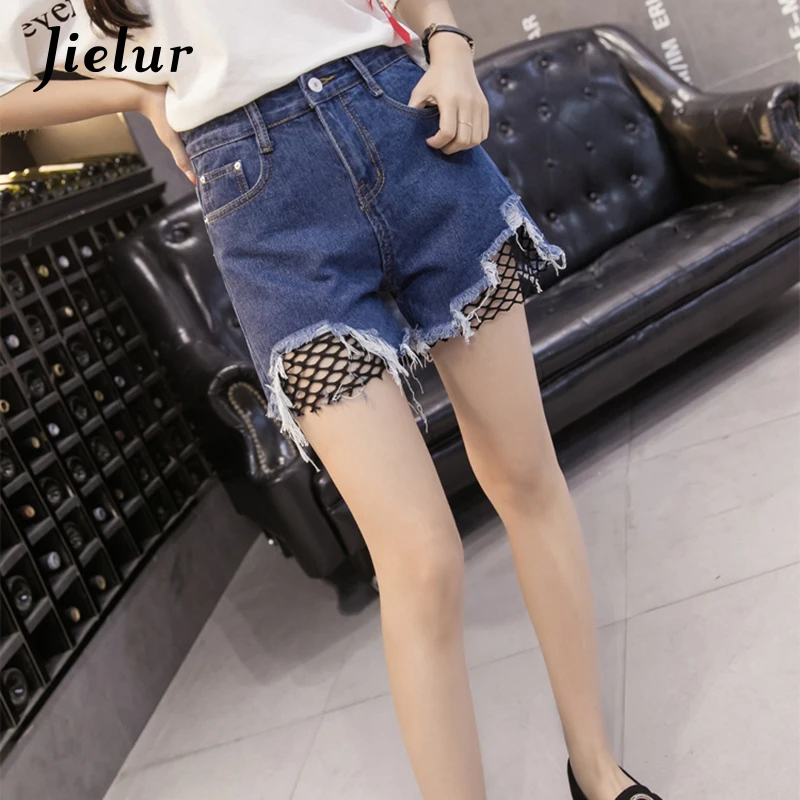 Jielur Korean Summer Plus Size Female Shorts Loose Hole Mesh Button Fashion Sexy Women's Jeans Hight Street Denim S-5XL |