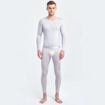 Мужская Ультра-тонкая шелковая бесшовная осенняя одежда костюм с девятью точками сексуальные полупрозрачные трусы - Color: light gray