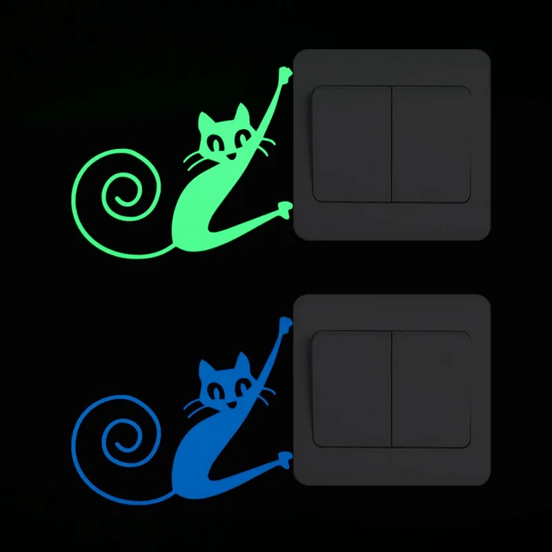 Cat Hanging on Side of Switch Panel Glow in the Dark Wall Sticker Kids Room Baby Bedroom DIY Decoration Decal Home Decor | Дом и сад
