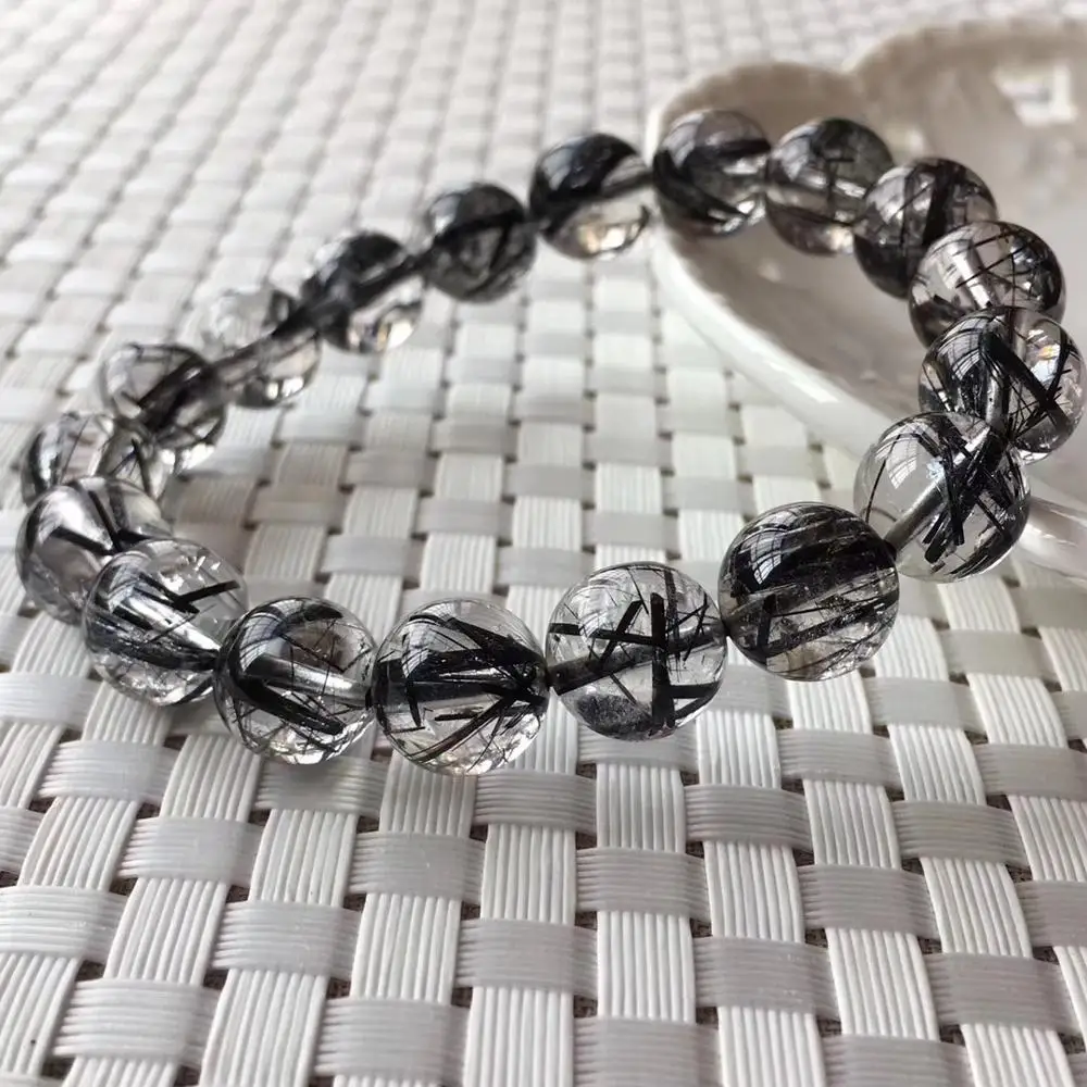 

Genuine Natural Black Rutilated Quartz Crystal Clear Round Beads 11.2mm Wealthy Stone Bracelet For Women Men From Brazil AAAAA