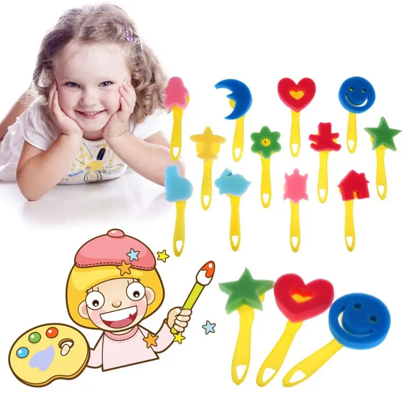 

12pcs/lot Children Mixed Pattern Colored Child Painting Brush DIY Sponge Drawing Toy Plastic Handle Drawing Brush Drawing Toys