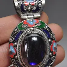 Красивое китайское древнетибетское серебро инкрустированное с искусственным синим цирконием cloisonne цветок кулон